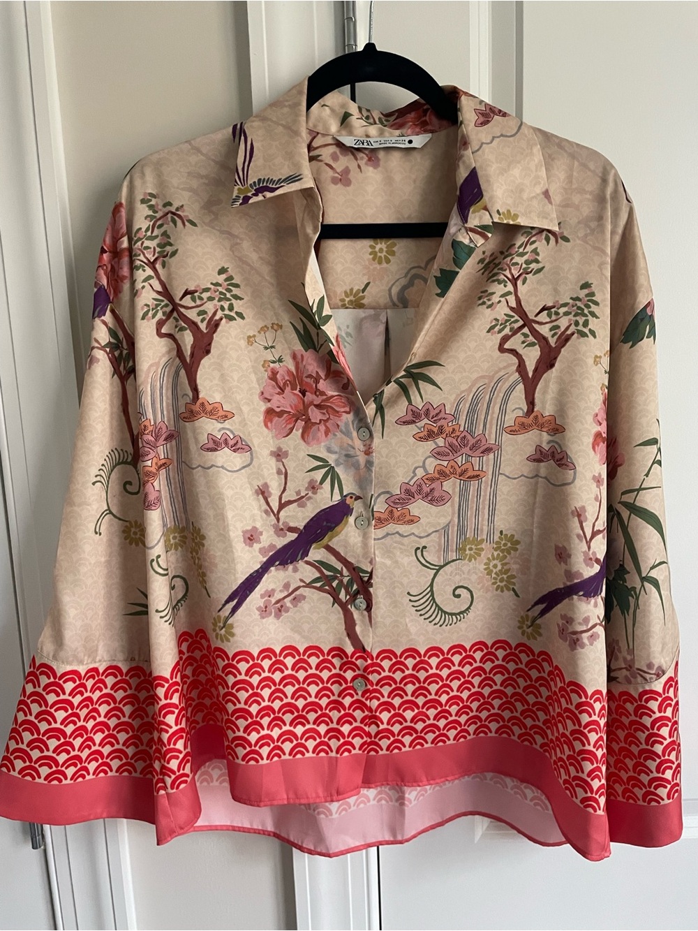 Zara Satin Floral Asian Chinoiserie Button Down Blouse
